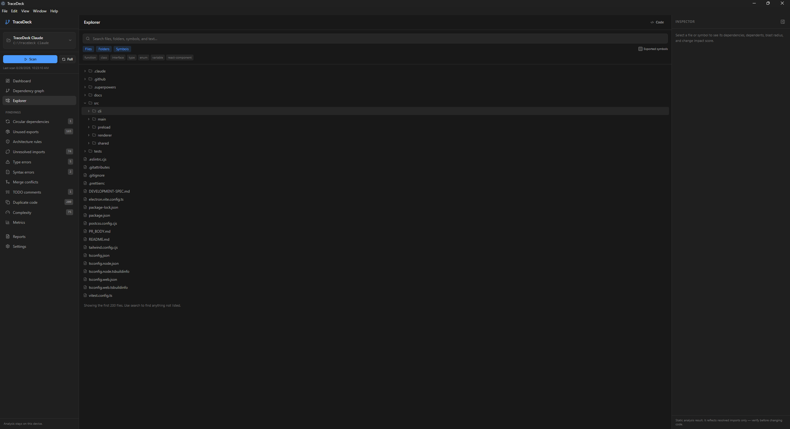 The explorer view showing the full project tree with filter chips for files, folders and symbols, and further chips for function, class, interface and React component.