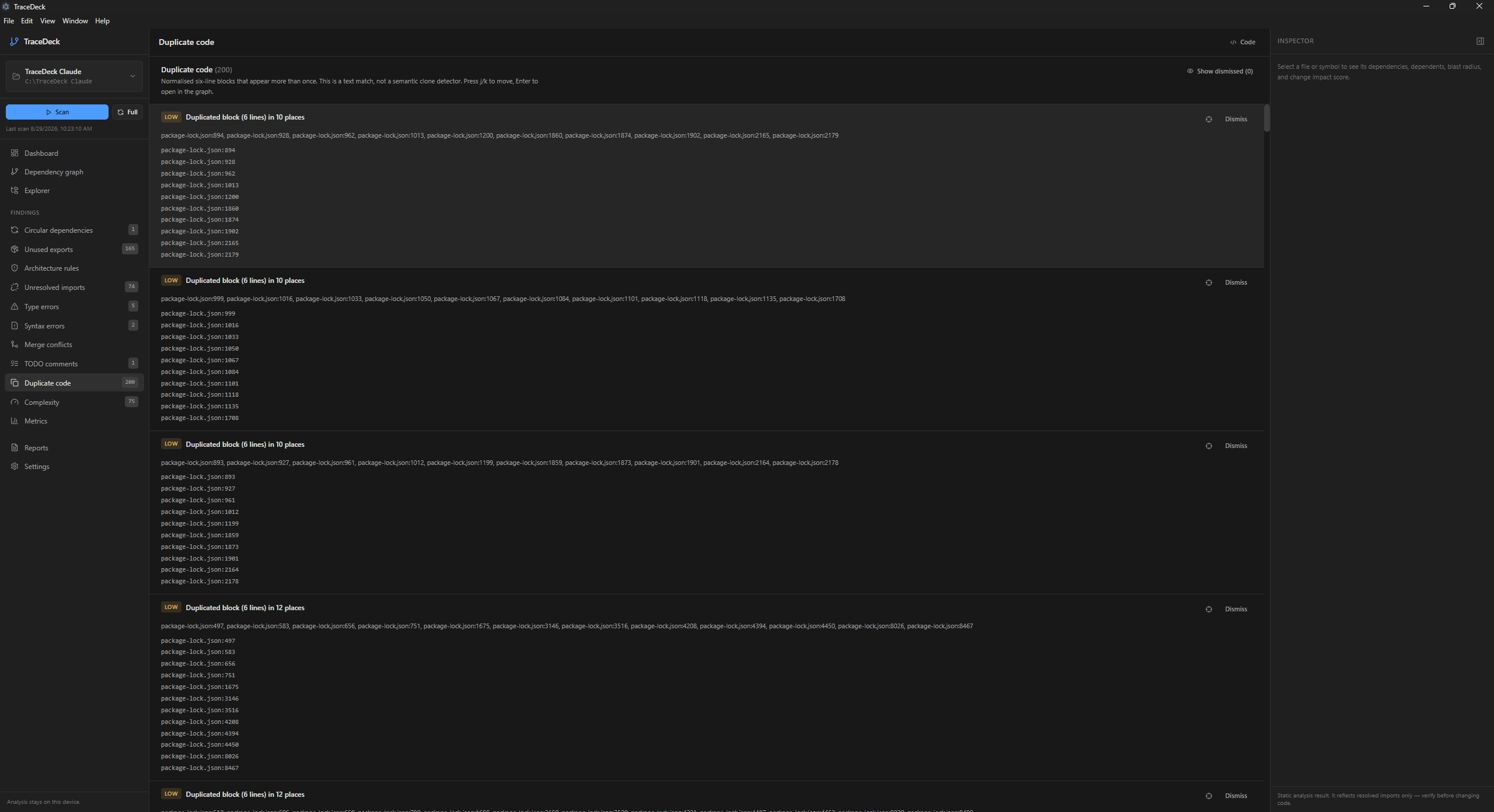 Duplicate code findings, each showing a six-line block and the list of file-and-line locations where that block repeats.