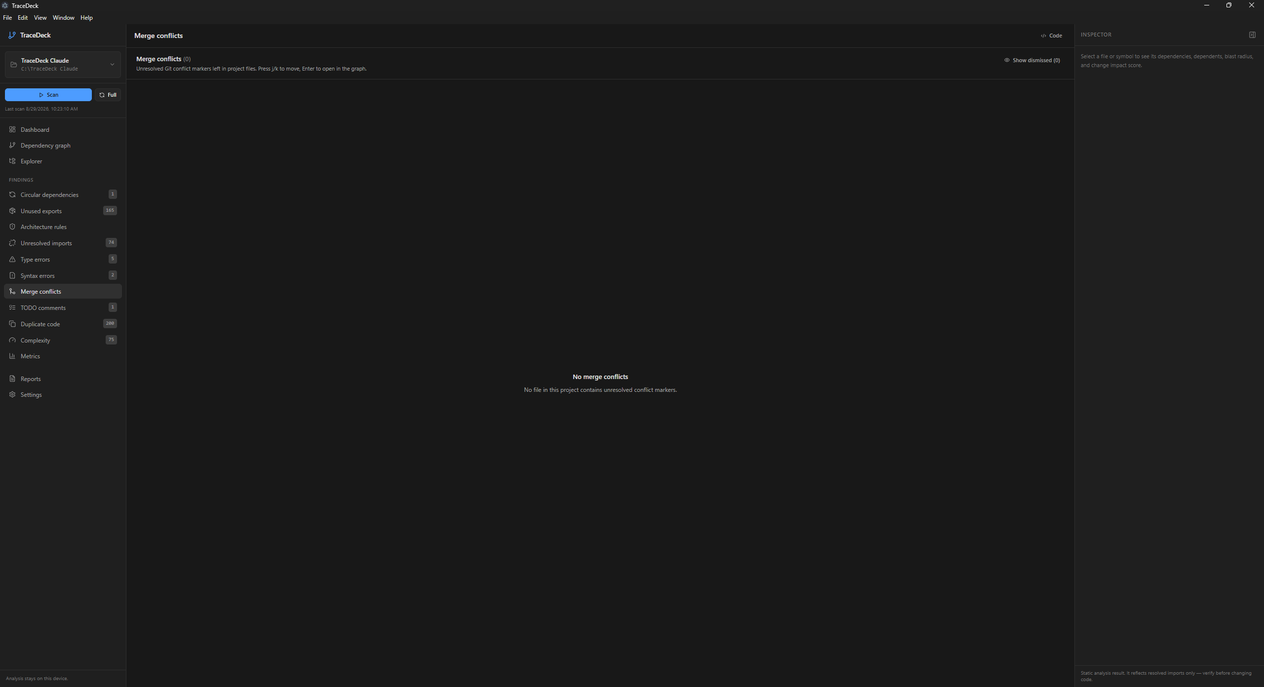 The merge conflicts view in its empty state, stating that no file contains unresolved conflict markers.