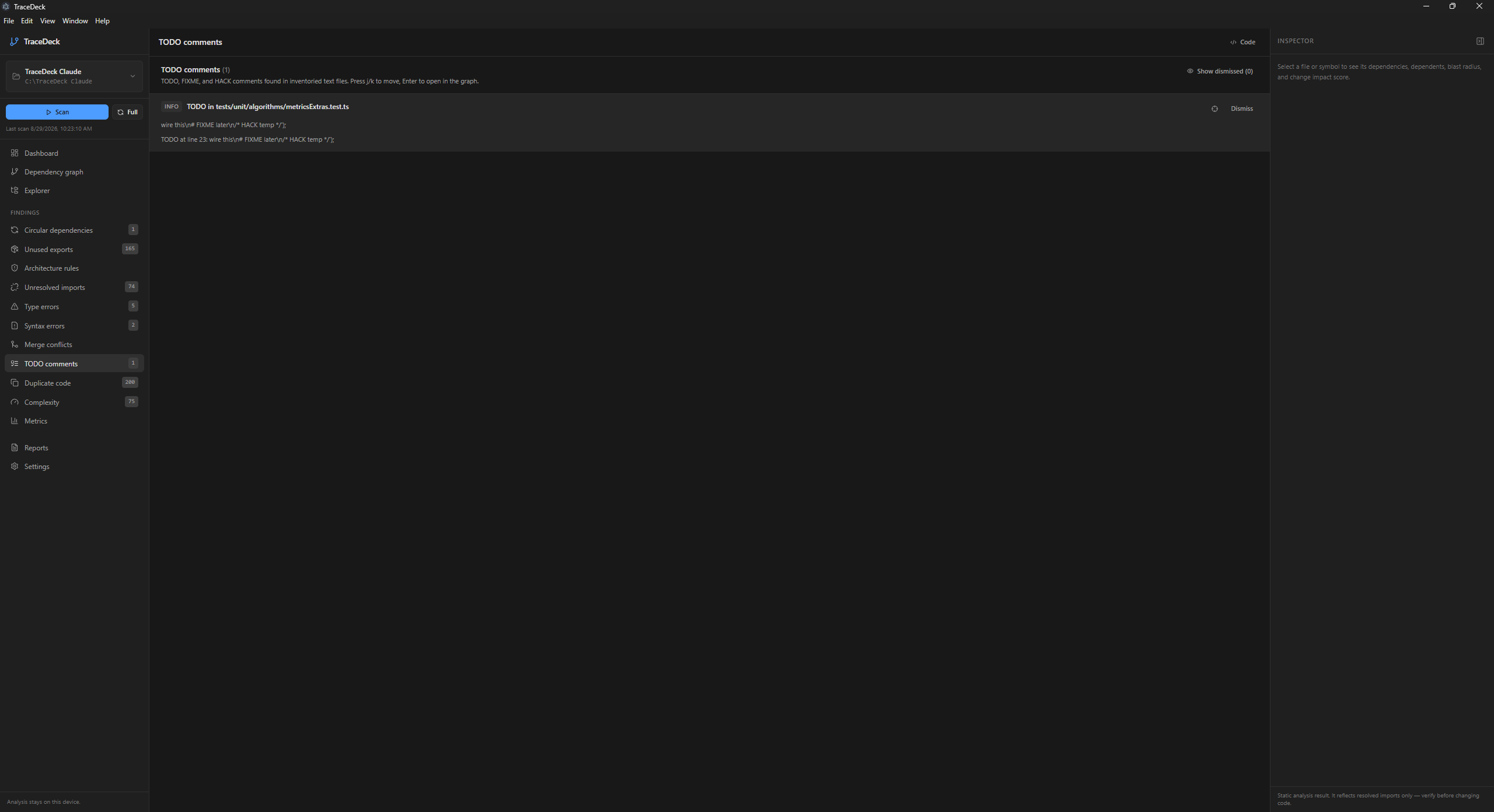A single TODO comment finding showing the containing test file and the line the comment appears on.