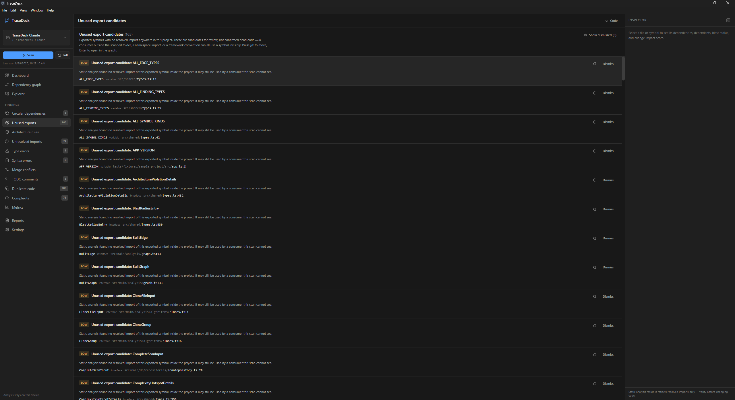 A list of unused export candidates, each labelled low severity with the symbol name, its kind, and the file and line it is declared in.