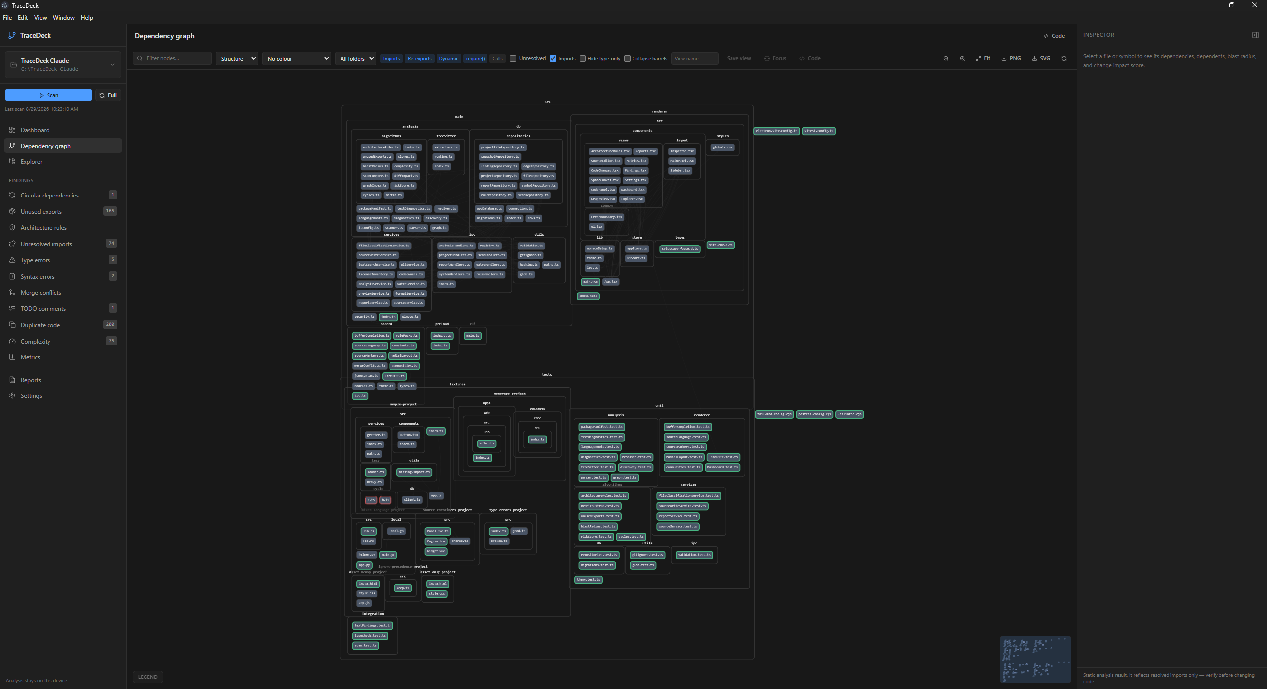 The TraceDeck dependency graph in its structure layout: every file drawn as a labelled node nested inside its real folder tree — src/main/analysis, renderer/components, tests/fixtures — with layout, colour and folder filters along the top.
