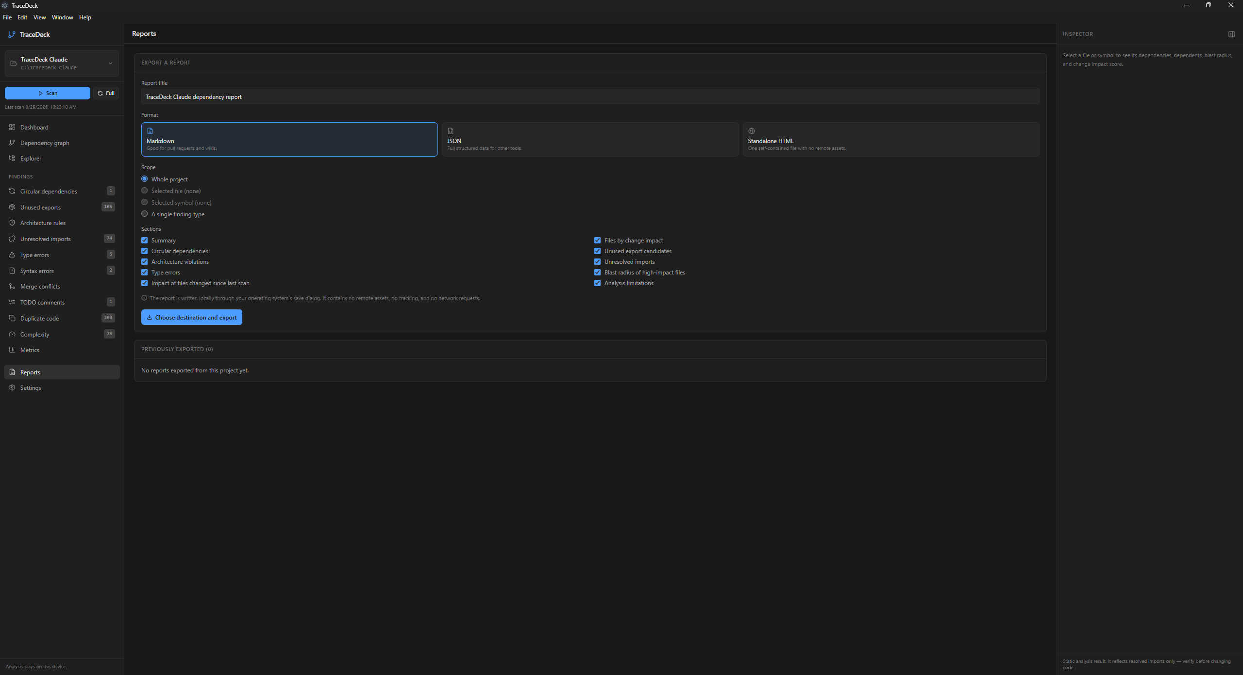 The report export view with a title field, format choices of Markdown, JSON and standalone HTML, scope options, and a checklist of sections.