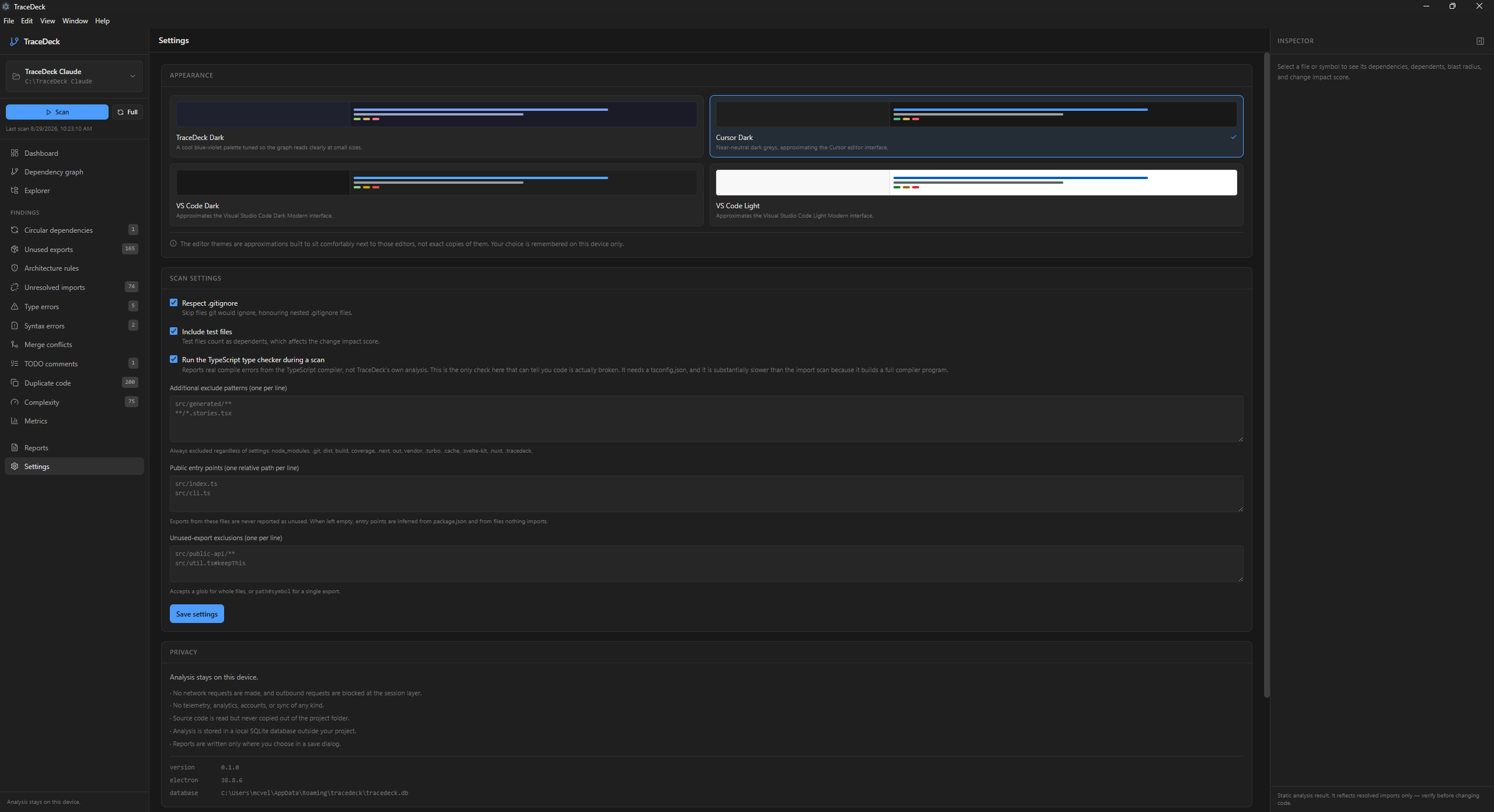 The settings view showing four theme previews, scan settings checkboxes, exclusion text areas, and a privacy panel.